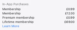Apple's UK App Store page for Copy Me That, In-App Purchases section listing Membership £0.99, Membership £12.00, Premium membership £0.99 and Lifetime membership £69.00 with no billing period shown, captured 30 Oct 2026.
