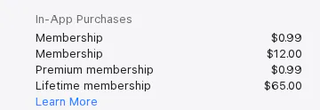 Apple's US App Store page for Copy Me That, In-App Purchases section listing Membership $0.99, Membership $12.00, Premium membership $0.99 and Lifetime membership $65.00 with no billing period shown, captured 30 Oct 2026.