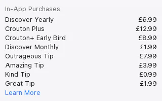 Apple's UK App Store page for Crouton, In-App Purchases section listing Discover Yearly £6.99, Crouton Plus £12.99, Crouton+ Early Bird £8.99, Discover Monthly £1.99 and four tips, captured 30 Oct 2026.
