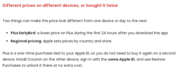Crouton's help centre page, section on different prices: Plus EarlyBird is a lower price on Plus during the first 24 hours after you download the app, and Plus is a one-time purchase, captured 30 Oct 2026.