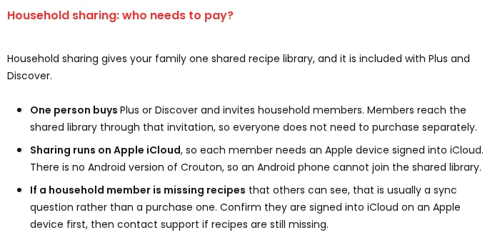 Crouton's help centre page, household sharing section: sharing runs on Apple iCloud and there is no Android version of Crouton, captured 30 Oct 2026.