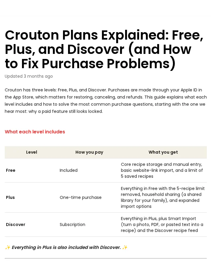 Crouton's help centre page explaining its plans, with a table showing Free limited to 5 saved recipes, Plus as a one-time purchase and Discover as a subscription, captured 30 Oct 2026.