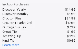 Apple's US App Store page for Crouton, In-App Purchases section listing Discover Yearly $14.99, Discover Monthly $1.99, Crouton Plus $24.99, Crouton+ Early Bird $17.99 and four tips, captured 30 Oct 2026.