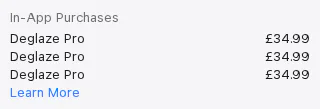 Apple's UK App Store page for Deglaze, In-App Purchases section listing Deglaze Pro three times at £34.99 with no billing period shown, captured 30 Oct 2026.
