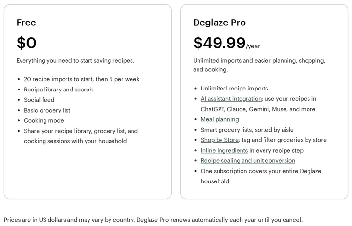 Deglaze's own pricing page, price cards only: the free plan of 20 recipe imports to start then 5 a week, and Deglaze Pro at $49.99 a year, captured 30 Oct 2026.
