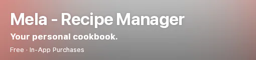 Apple's UK App Store page for Mela - Recipe Manager, header with the app name, the subtitle and Free with In-App Purchases, captured 30 Oct 2026.