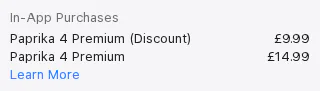 Apple's UK App Store page for Paprika Recipe Manager 3, In-App Purchases section listing Paprika 4 Premium (Discount) at £9.99 and Paprika 4 Premium at £14.99 with no billing period shown, captured 30 Oct 2026.