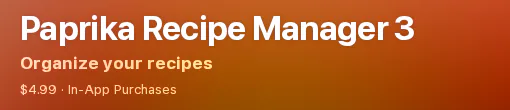 Apple's US App Store page for Paprika Recipe Manager 3, header with the app name, the subtitle and the $4.99 price, captured 30 Oct 2026.