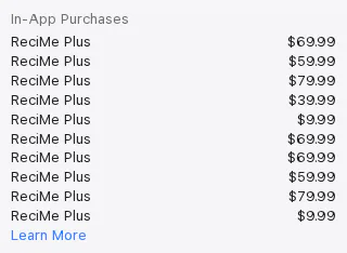 Apple's Australian App Store page for ReciMe, In-App Purchases section listing ten ReciMe Plus items from $9.99 to $79.99 with no billing period shown, captured 30 Oct 2026.