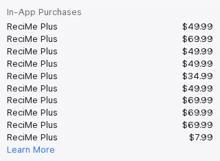 Apple's Canadian App Store page for ReciMe, In-App Purchases section listing ten ReciMe Plus items from $7.99 to $69.99 with no billing period shown, captured 30 Oct 2026.