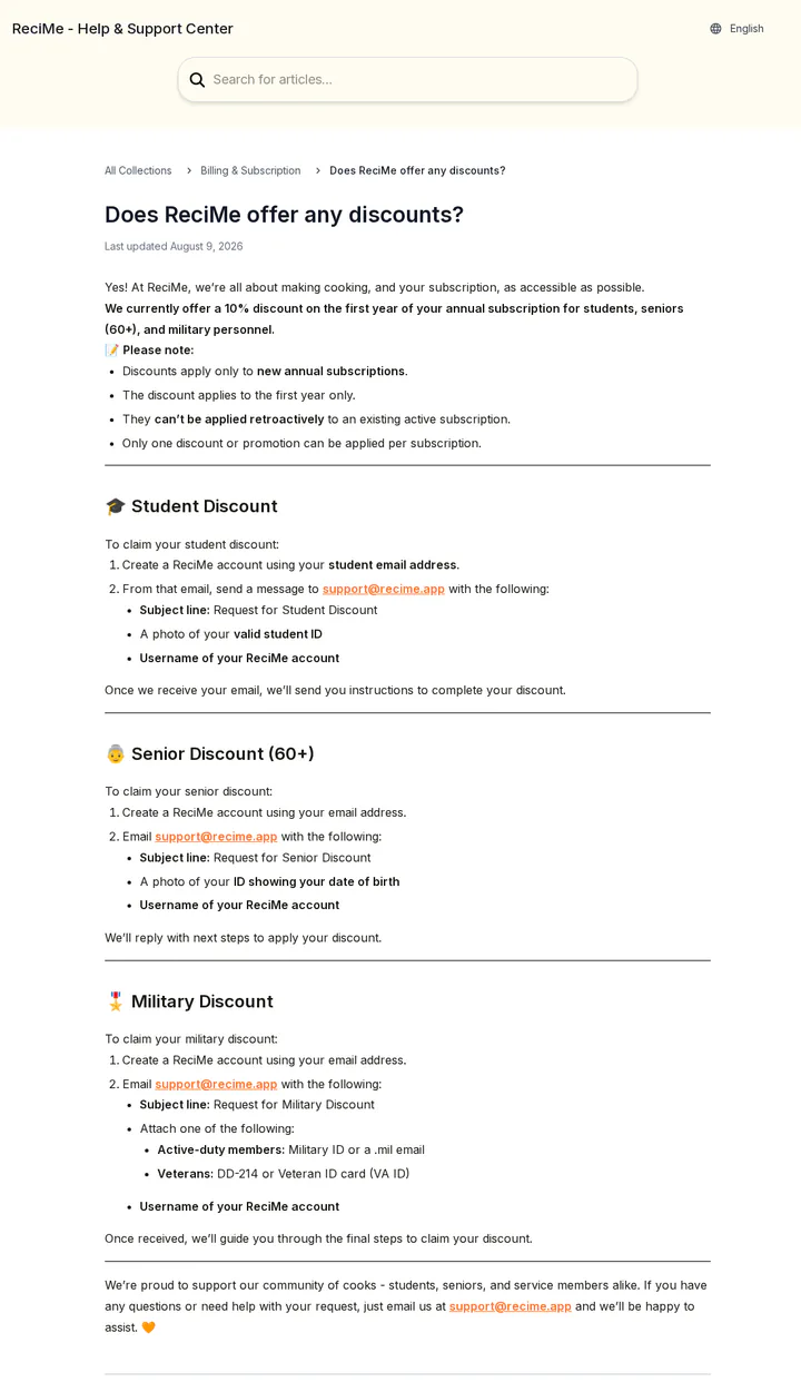 ReciMe's help page on discounts, offering 10% off the first year of a new annual plan for students, seniors (60 and over) and military, one discount per subscription, captured 30 Oct 2026.