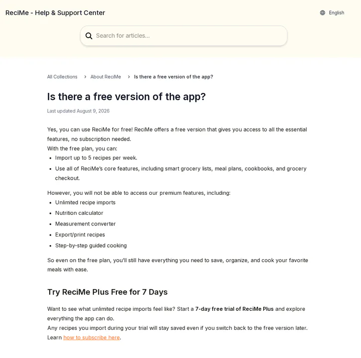 ReciMe's help page on its free version, showing the limit of 5 recipe imports a week, the Plus-only features and the 7-day trial, captured 30 Oct 2026.