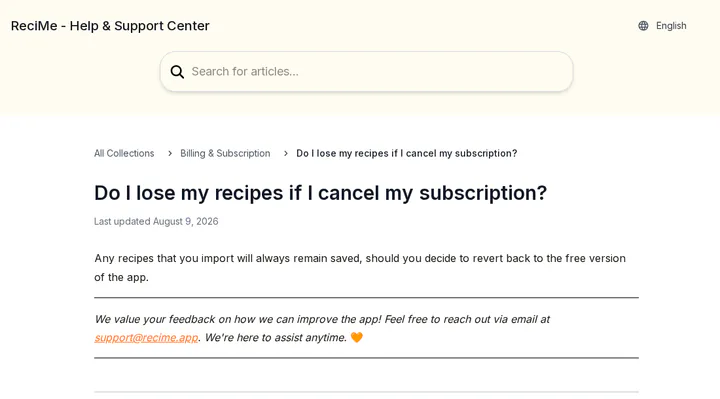 ReciMe's help page saying imported recipes stay saved after going back to the free version, captured 30 Oct 2026.