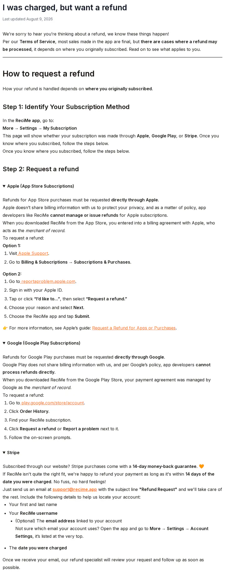 ReciMe's help article on refunds, shown in full with every section expanded: most sales made in the app are final, the refund route depends on where you subscribed, Apple refunds are requested from Apple, Google Play refunds from Google, and Stripe purchases have a 14-day money-back guarantee requested by email, captured 30 Oct 2026.