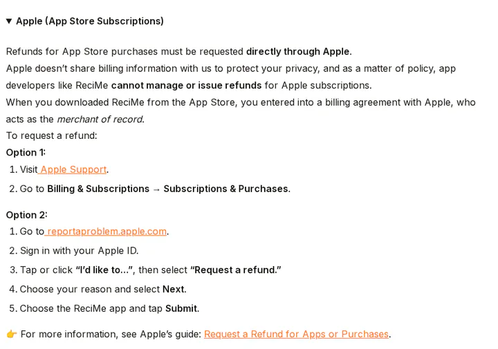 ReciMe's help article on refunds, the expanded Apple section: App Store refunds must be requested directly through Apple, ReciMe cannot issue them, and one way is to go to reportaproblem.apple.com and choose Request a refund, captured 30 Oct 2026.