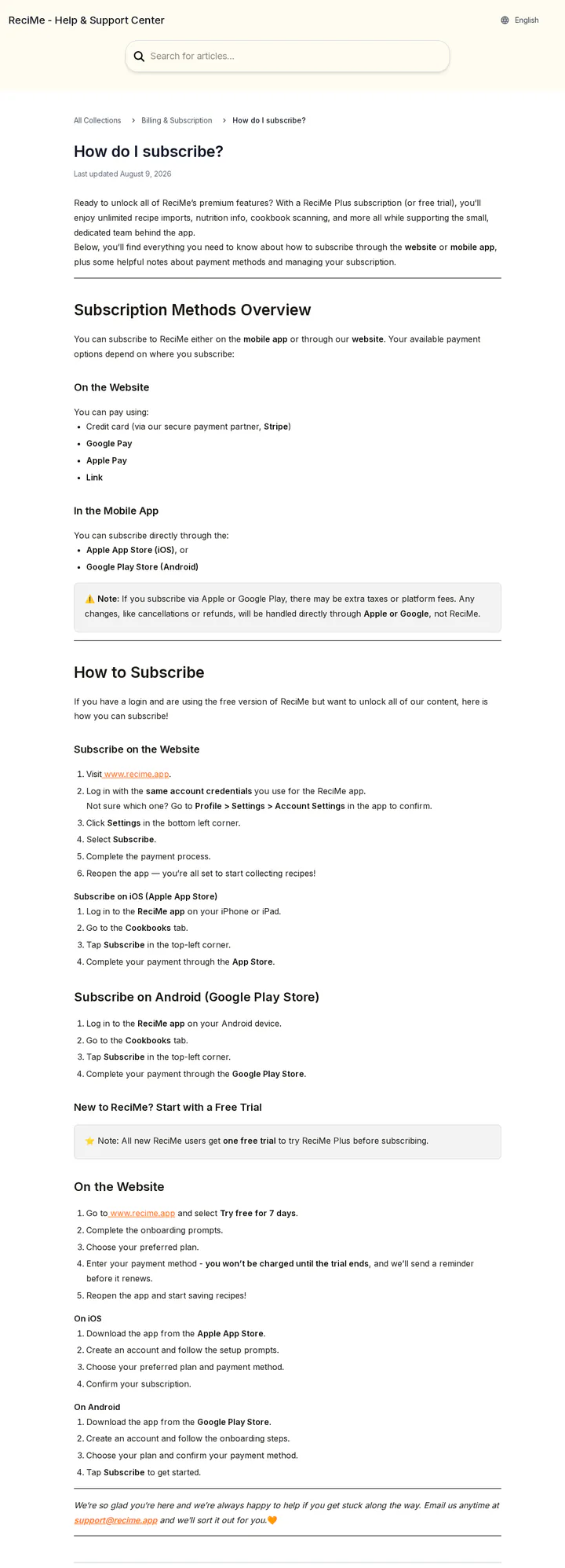 ReciMe's help page on subscribing through its website (Stripe) or the app stores, noting that Apple or Google may add taxes or fees, captured 30 Oct 2026.