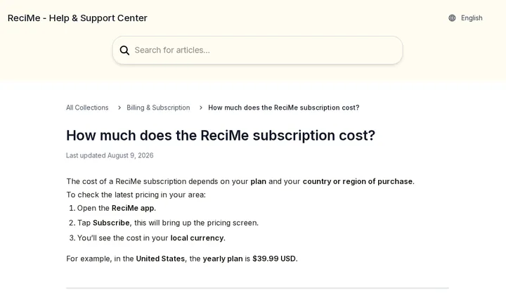 ReciMe's help page on what the subscription costs, giving $39.99 as the US yearly plan example, captured 30 Oct 2026.